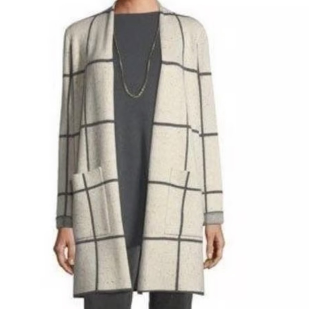 EILEEN FISHER Peppered Windowpane Wool-Blend Simple Long Jacket Size Small